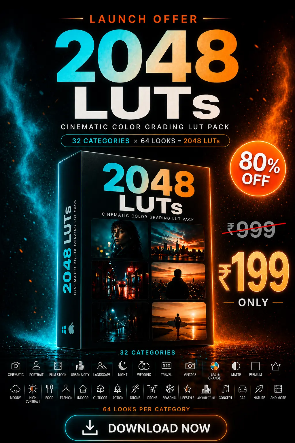 2048 Cinematic LUTs Pack — ₹199, 32 categories