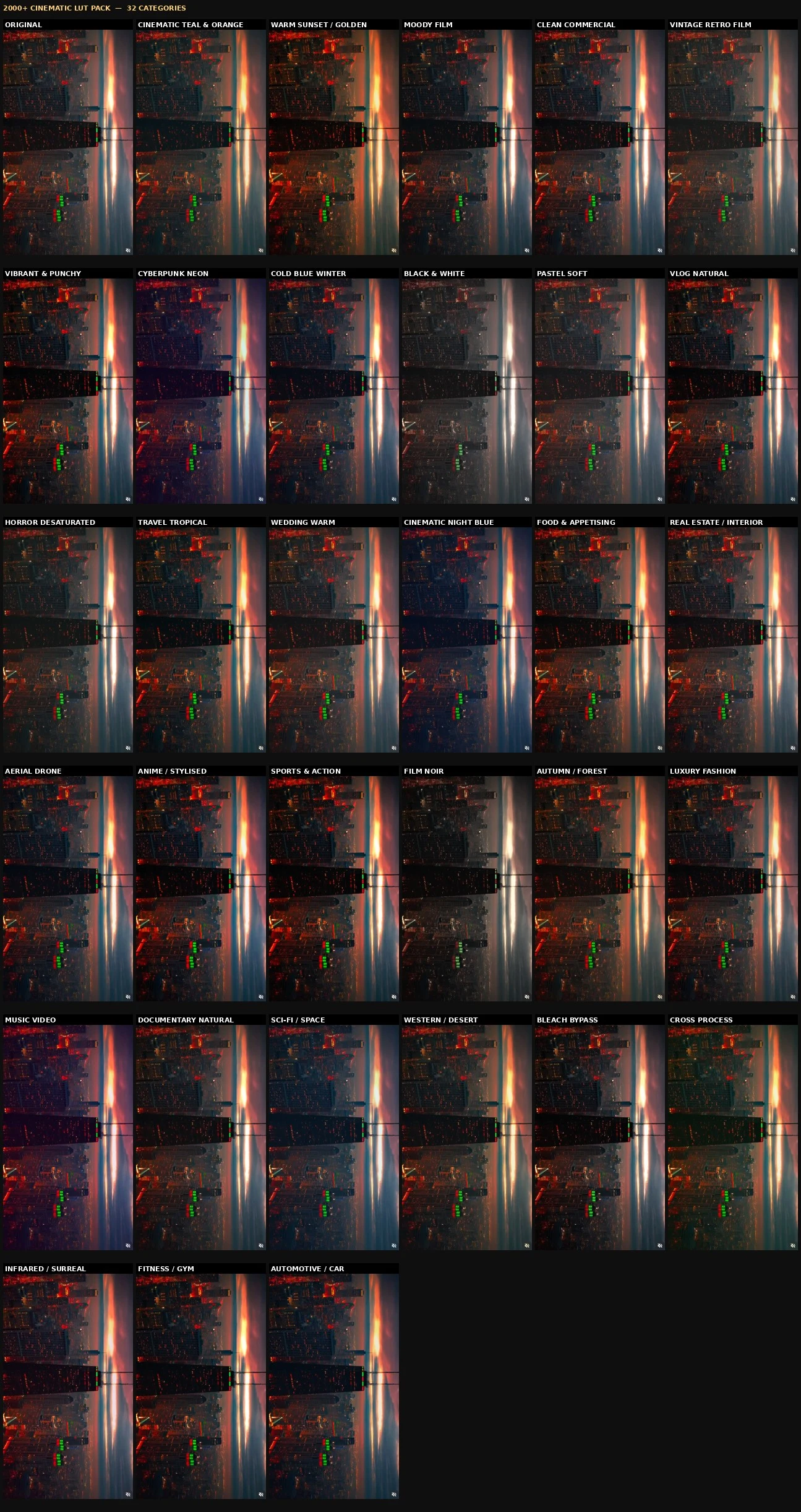 2000+ cinematic LUTs across 32 categories
