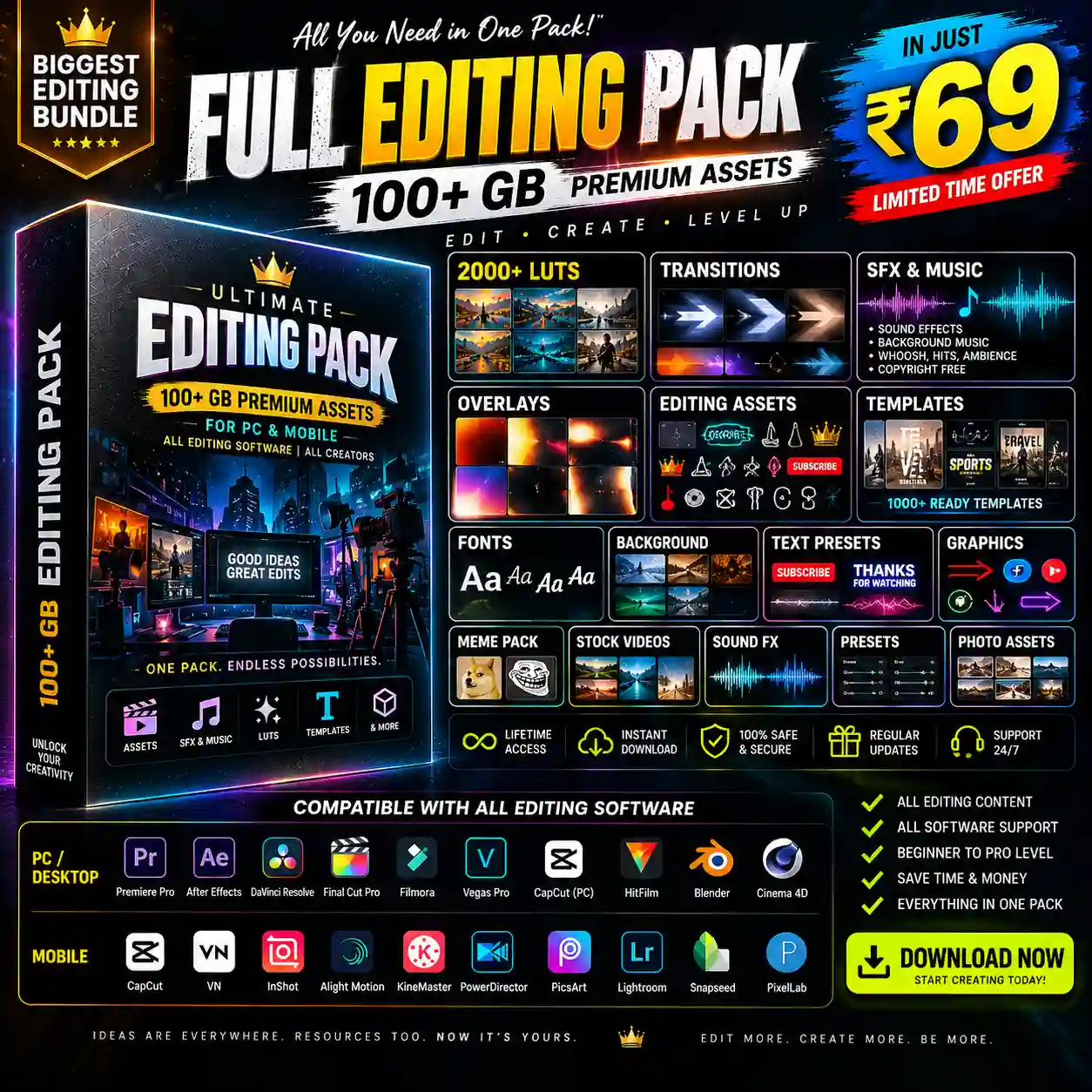 100+ GB Full Editing Pack — 2000+ LUTs, SFX, transitions, templates, AI reels